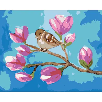 Hračka ZUTY Malování podle čísel - SEDÍCÍ VRABEC NA VĚTVI S KVĚTY MAGNÓLIE Rozměr: 40x50 cm, Rámování: bez rámu a bez vypnutí plátna