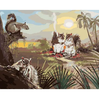 ZUTY Malování podle čísel - VEVERKY A ZÁPAD SLUNCE (D. RUSTY RUST) Rozměr: 40x50 cm, Rámování: bez rámu a bez vypnutí plátna