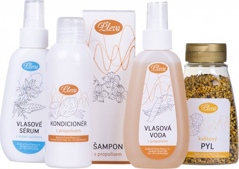 Pleva Naše řešení pro padající a řídnoucí vlasy - Šampon s propolisem 150 g, Kondicionér na vlasy s propolisem 150 g, Vlasová voda s propolisem 115 g, Vlasové sérum s mateří kašičkou 115 g, Včelí květový pyl rouskovaný 100g