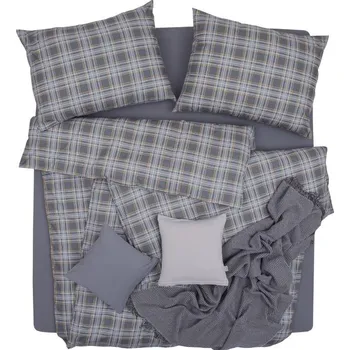 Povlečení SCANquilt FLANEL káro šedožlutá 140 x 200, 70 x 90 cm zipový uzávěr