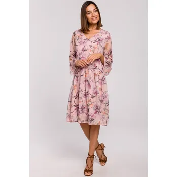 Dámské šaty Šifonové šaty s květinami a elastickým pasem STYLE S214 Barva: Růžová, Velikost: S