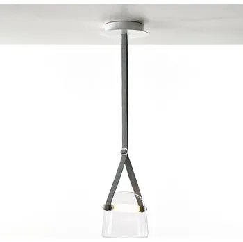 Závěsné svítidlo Brokis Mona medium PC979, 5000K Povrch Montury: Bílý matný komaxit, Barva skla: Šedá kouřová - transparentní sklo, Popruhy: popruhy - kožené - černý (GINT792)