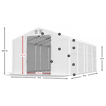 Zahradní stan Skladový stan 5x9x4m střecha PVC 620g/m2 boky PVC 620g/m2 konstrukce POLÁRNÍ Bílá Bílá Bílá