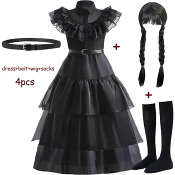 Karnevalový kostým Dětské šaty (kostým) Wednesday Addams s doplňky Varianta: šaty, pásek, podkolenky a paruka, Velikost: 130 (7-8 let)
