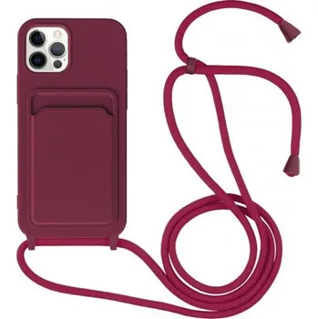 Pouzdro na mobilní telefon Silikonový kryt se šňůrkou a kapsou na karty pro iPhone 11 Pro - vínový