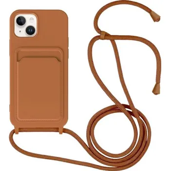 Pouzdro na mobilní telefon Silikonový kryt se šňůrkou a kapsou na karty pro iPhone 14 - hnědý