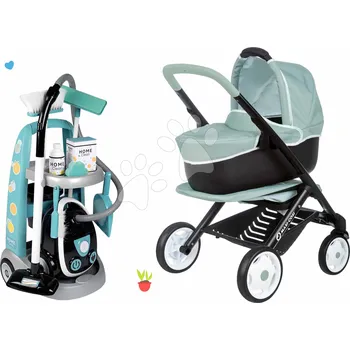 Kočárek pro panenku Set úklidový vozík s elektronickým vysavačem Cleaning Trolley Vacuum Cleaner Smoby a kočárek trojkombinace hluboký sportovní a postýlka