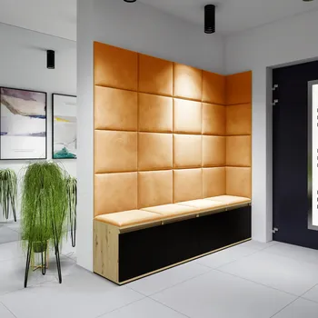 Předsíňová stěna Eka Předsíňová stěna s čalouněnými panely Trinity 3 - Dub Artisan s černou / Hořčicová 2326