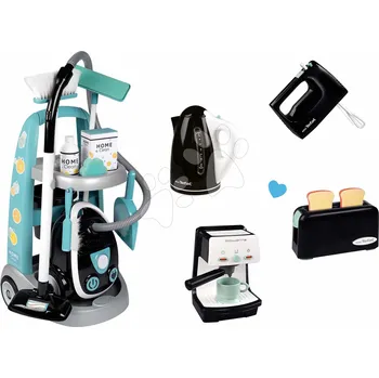 Dětská kuchyňka Set úklidový vozík s elektronickým vysavačem Cleaning Trolley Vacuum Cleaner Smoby a topinkovač s konvicí kávovarem a mixérem