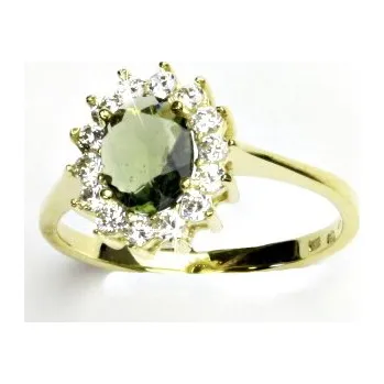 Drahý kámen Zlatý prsten, žluté i bílé zlato,Kate, přírodní vltavín, čiré zirkony, T 1507
