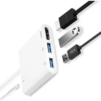 Video kabel Přepojka / redukce pro Apple iPhone / iPad - Lightning na 2x USB-A + HDMI + Lightning - bílá