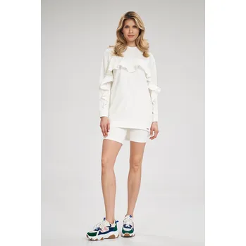 Dámské oblečení Rovné bavlněné šaty s dlouhým rukávem a volánkem Barva: Smetanová, Velikost: S/M