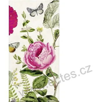 Papírový ubrousek IHR METTE papírový dekorační kapesníček na découpage růžové rozkvetlé růže a noční motýlci