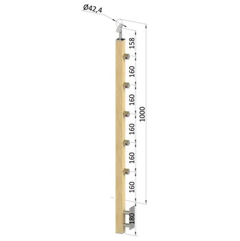 Zábradlí KOVIAN, s.r.o. dřevěný sloup, boční kotvení, 5 řadový, průchozí, vnitřní, vrch nastavitelný (40x40mm), materiál: buk, broušený povrch bez nátěru
