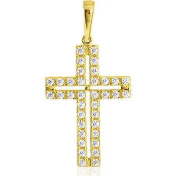 Přívěsek GEMMAX Zlatý přívěsek Kříž se zirkony – zlatý šperk ryzosti 585/1000 v Dárkovém balení s Certifikátem GLPYB-32181