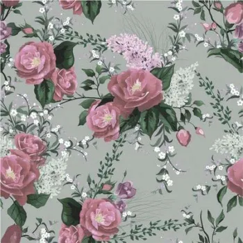 Šatovka, halenkovina, tričkovina, úplet LYCRA , vzor provence, růže na šedém podkladu, metráž, látka