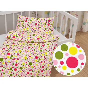 Povlečení Dětské bavlněné povlečení do postýlky Sandra SA-209 Růžové a žluté puntíky na bílém Do postýlky 90x140 a 40x60 cm
