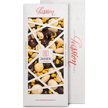 Čokoláda JANEK Hořká čokoláda Passion 72% (makadamové ořechy, mandle, pomeranč, rybíz) 120 g