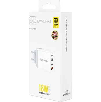 18W EU napájecí adaptér / nabíječka - 4x USB port (1x QC) - bílý / šedý