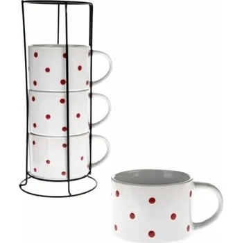 4dílná sada keramických šálků ve stojanu Puntíky, bílá