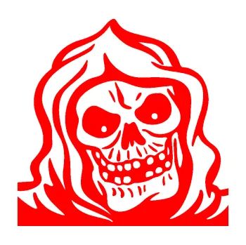 Samolepicí dekorace na vozidlo Lebka 057 pravá v kápi (74 - Fluorescentní červená) SAMOLEPKA NA AUTO, NÁLEPKA, FÓLIE, POLEP, TUNING, VLASTNÍ TEXT, TISK, AUTOSAMOLEPKY.cz, POLEPY, OBRÁZEK, LOGO, 3D STICKERS