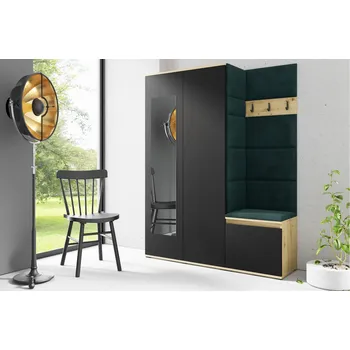 Předsíňová stěna Eka Předsíňová stěna s čalouněnými panely Trinity 11 - Dub Artisan s černou / Tmavá zelená 2328