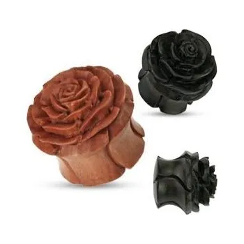 Piercing Vyřezávaný plug do ucha růže - přírodní dřevo (černé dřevo, 14 mm)