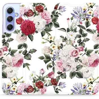 Pouzdro na mobilní telefon Flipové pouzdro Mobiwear - Samsung Galaxy A34 5G - MD01S Růže na bílé (Knížkové flip pouzdro, obal, kryt na mobil Samsung Galaxy A34 5G - MD01S Růže na bílé, materiál Umělá kůže + TPU - ochrana 360°, stojánek, silikonová vanička, magnetické zavírání)