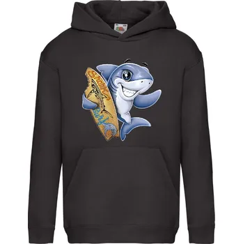 Chlapecká mikina detska_mikina_klokanka_potisk_zralok_surfar Barva: Black -černá, velikost: 128