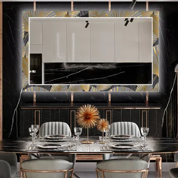 Zrcadlo Dekorativní zrcadlo s LED osvětlením do jídelny - Golden Leaves