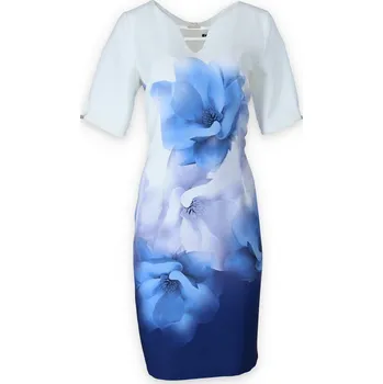 Dámské šaty Šaty elegantní smetanové s květy Trynite K-1219 barva: modrá, velikost: 50