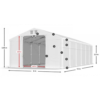 Zahradní stan Skladový stan 8x12x2,5m střecha PVC 620g/m2 boky PVC 620g/m2 konstrukce POLÁRNÍ PLUS Bílá Bílá Bílá