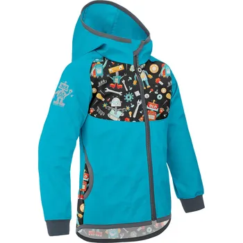 Chlapecká bunda UNUO Dětská softshellová bunda bez zateplení Basic, Smaragdová, Roboti 128 - 134