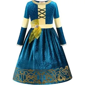 Dámské šaty Disney Dětský kostým, modro-žluté šaty - Merida (Rebelka) Varianta: samostatné šaty, Velikost: 130/6 let