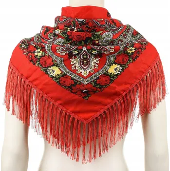 Šátek Dámský šátek Q71 červený květinový vzor (Šátek s folklórním horalským motivem a třásněmi)