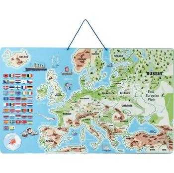 Desková hra WOODY Magnetická mapa Evropy s obrázky a společenská hra, 3v1 v angličtině