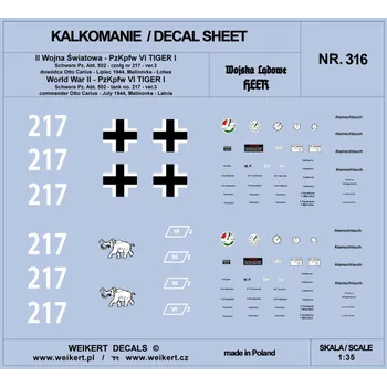Plastikový model Weikert decals 1/35 TIGER I - Otto Carius '217' Schw. July 1944