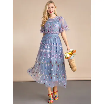 Dámské šaty Dlouhé luxusní šaty vintage s výšivky - L Barva: Modrá, Velikost: L