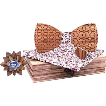 Motýlek Set dřevěného motýlku, manžetových knoflíčků a kapesníčku - Trojrozměrný květinový vzor