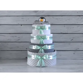 plenkový dort dortNEdort Čtyřpatrový plenkový dort I. Mint mašle a neutrální náplň 252_MIM35