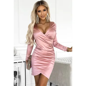 Dámské šaty Růžové saténové šaty s výstřihem a dlouhým rukávem BARBIE 477-1 Velikost: L