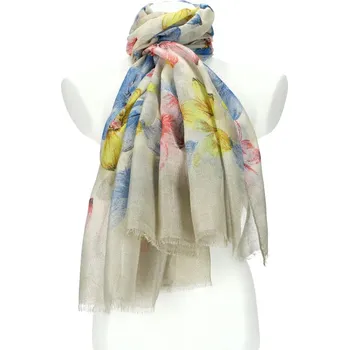 Šála Letní dámský šátek v motivu květů 190x90 cm béžová