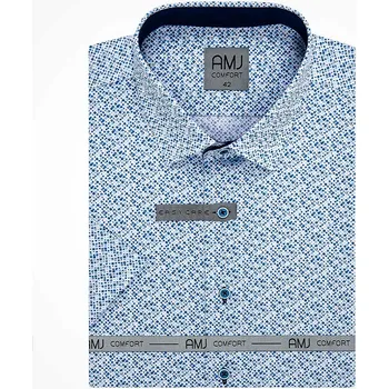 Pánská košile AMJ bavlněná, modro-bílá mramorová kostka VKBR1208, krátký rukáv, regular fit, vel. 42