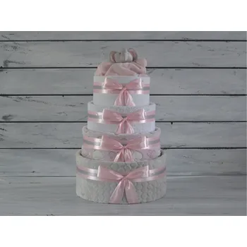 plenkový dort dortNEdort Čtyřpatrový plenkový dort I. Šedo - růžový s růžovým sloníkem 252_MIM21