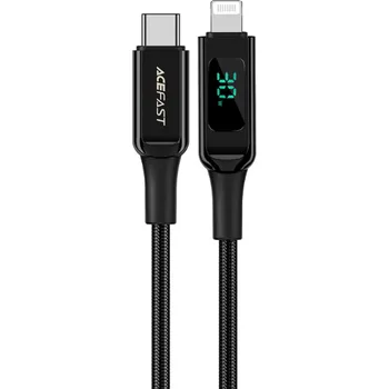 Náhradní díl pro mobilní telefon Nabíjecí a datový kabel 30W (3A) s UKAZATELEM HODNOT ~ AceFast C6-01 ~ USB-C/Lightning 1,2m MFi - Černý