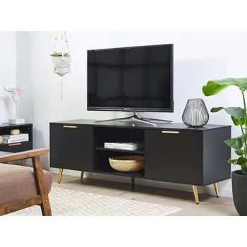 Televizní stolek Televizní stolek černý se zlatem pro až 75 ʺTV kovové nohy se skříněmi a policemi pro uložení kabelů Beliani