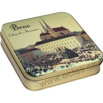 Dóza na potraviny BRNO ZELNÝ TRH zlatá plechová dóza 7414/40 náměstí s kašnou