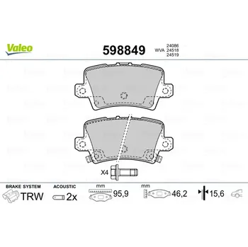 Brzdová destička Sada brzdových destiček, kotoučová brzda VALEO 598849