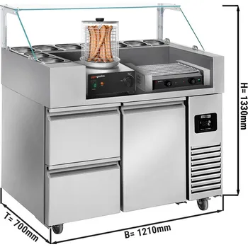 Servírovací stolek G.Gastro Přípravný stůl - 1,21 x 0,7 m - s 1 dveřmi & 2 šuplíky 1/2 - vč. hot dog grilu & hotdogovače