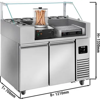 Servírovací stolek G.Gastro Přípravný stůl - 1,21 x 0,7 m - se 2 dveřmi - vč. hot dog grilu & stroje na hamburgery